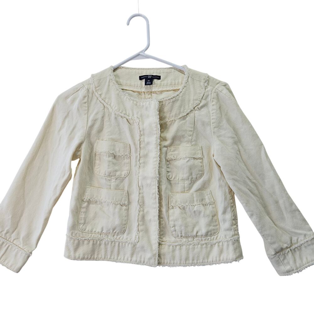Gap Cream Cropped Blazer Frayed 3/4 Sleeve Jacket Size XS Boho Chic Feminine